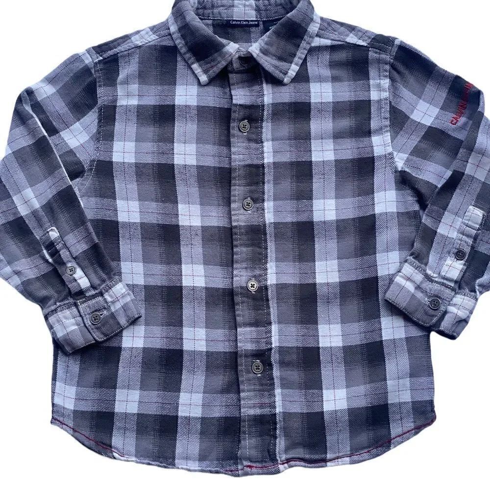 Calvin Klein Boys Long Sleeve Gray Plaid Button Down Shirt - Picture 2 of 6